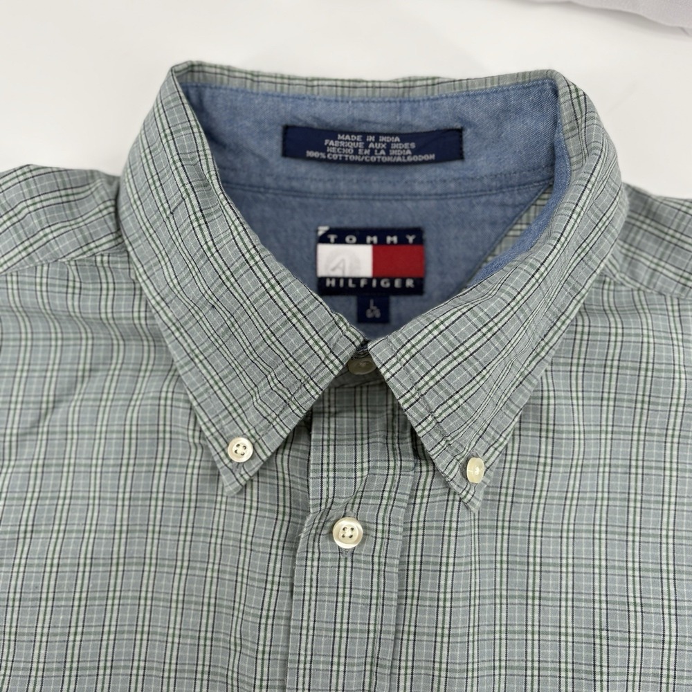 Vintage Tommy Hilfiger Shirt Size Large Green Plaid Cotton Short Sleeve